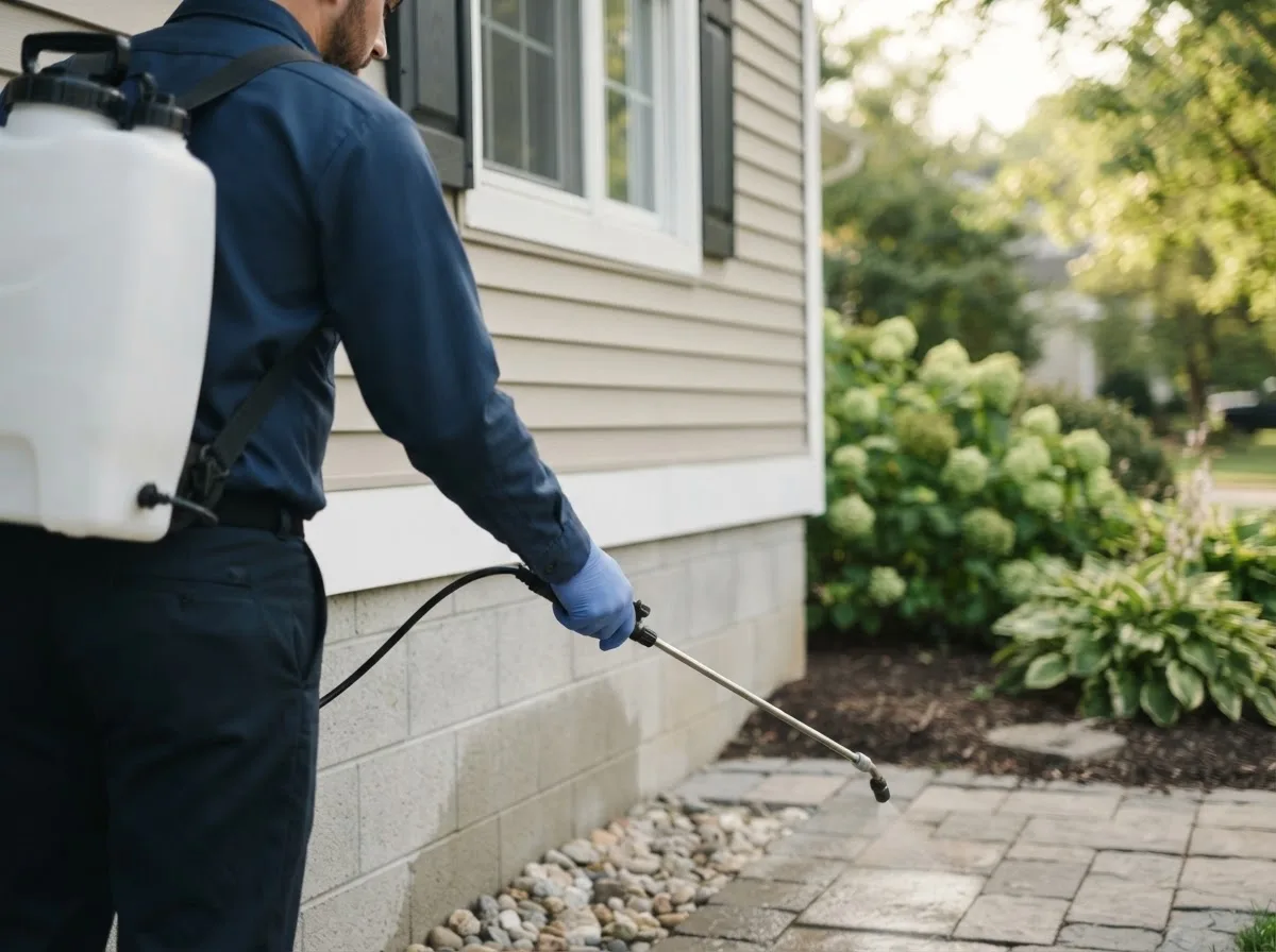 Pest control technician inspecting a home in Rives Junction, MI